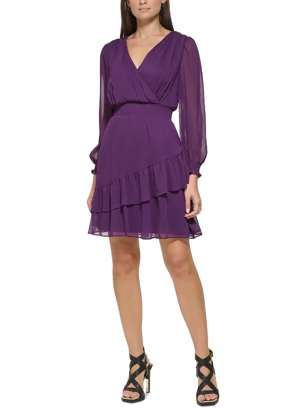 Womens Surplice Neckline Ruffled Mini Dress Elegant Satin Mini Dress