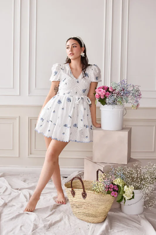 Blue Embroidered Flower Mini Dress - FINAL SALE Elegant Floral-Print Mini Dress