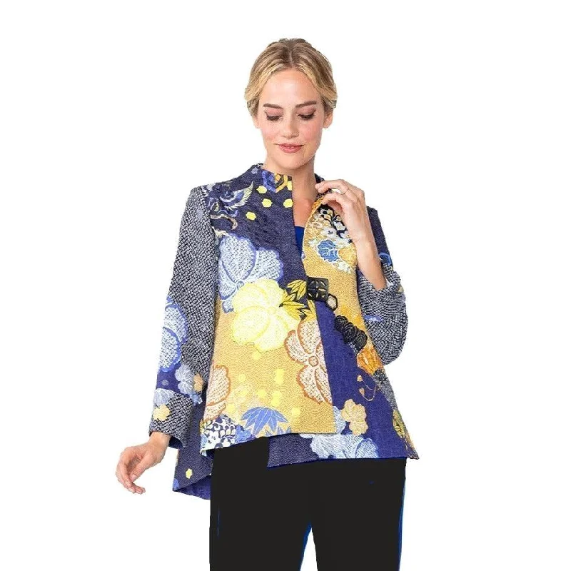IC Collection Floral-Print Asymmetric Jacket in Royal - 5804J-ROY Rayon Fabric Velvet Fabric Corduroy Fabric IC Collection Floral-Print Asymmetric Jacket in Royal - 5804J-ROY Rayon Fabric Velvet Fabric Corduroy Fabric