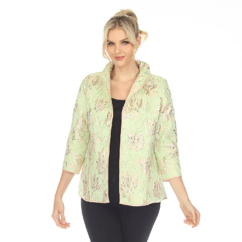 IC Collection Metallic Floral Jacquard Jacket in Green - 4672J-GN Zippered Front Buttoned Front Snap Front IC Collection Metallic Floral Jacquard Jacket in Green - 4672J-GN Zippered Front Buttoned Front Snap Front