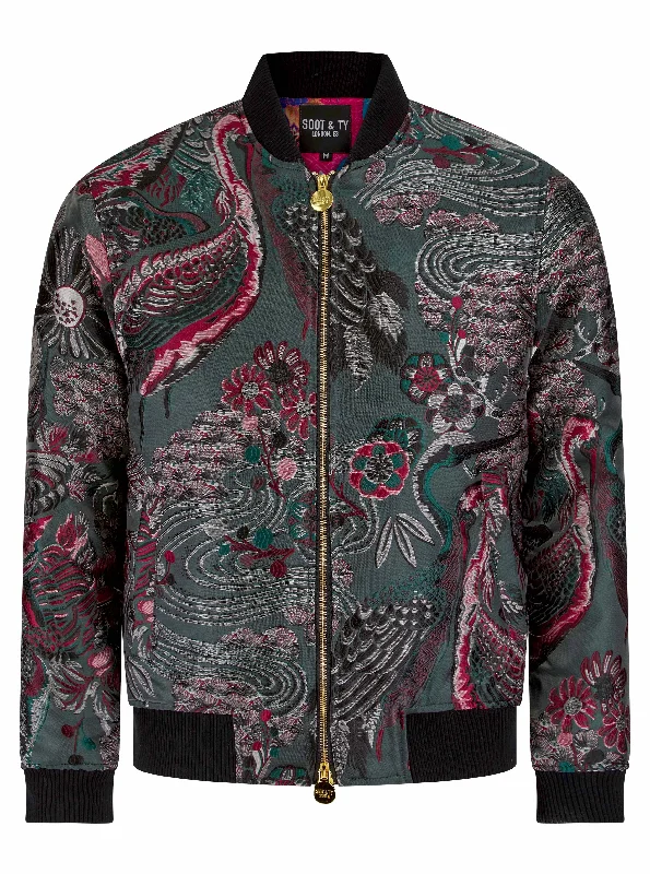 Soot and Ty Grey Crane Stone Garden Jacquard Unisex Bomber Jacket Zippered Front Buttoned Front Snap Front Soot and Ty Grey Crane Stone Garden Jacquard Unisex Bomber Jacket Zippered Front Buttoned Front Snap Front