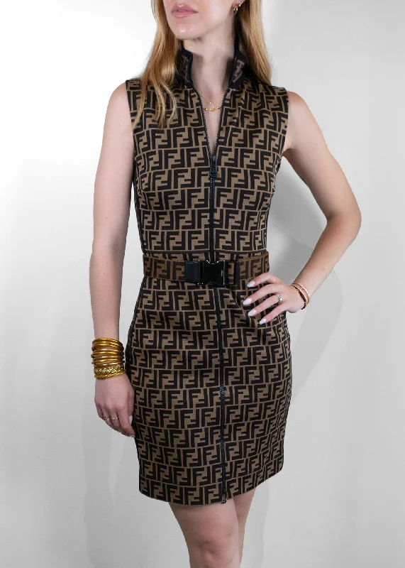 Fendi Brown Monogram Patterned Jersey Belted Mini Dress Elegant Silk Mini Dress
