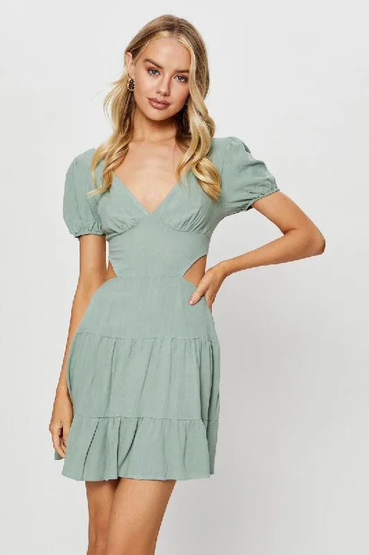 Green Mini Dress Cut Out Puff Sleeve Elegant Lace Mini Dress