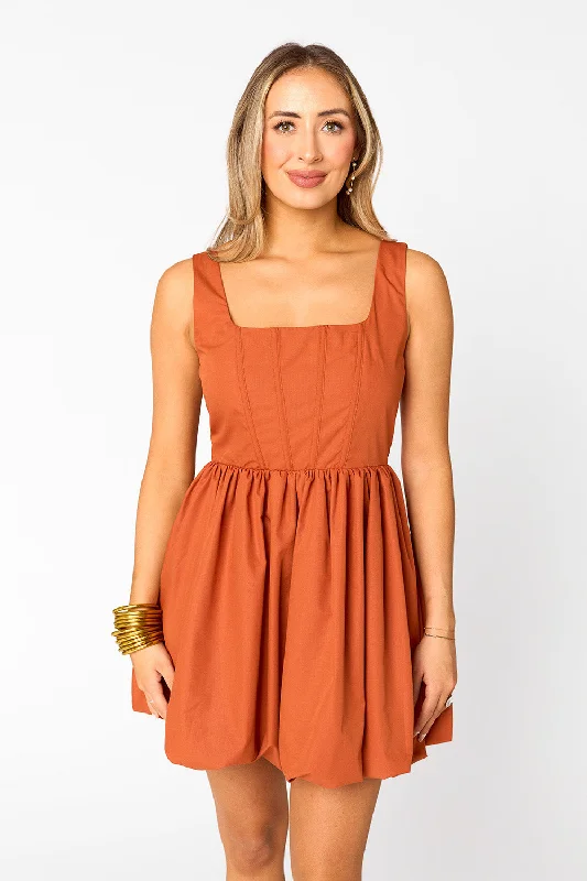 Heidi Mini Dress - Burnt Orange Chic Pleated Mini Dress