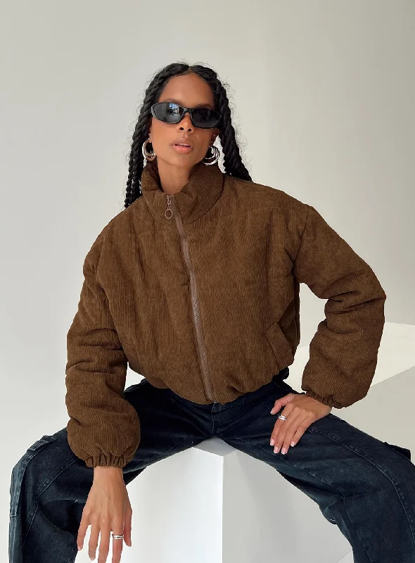 Mccloud Corduroy Puffer Jacket Brown Welt Pockets Slit Pockets Flap Pockets