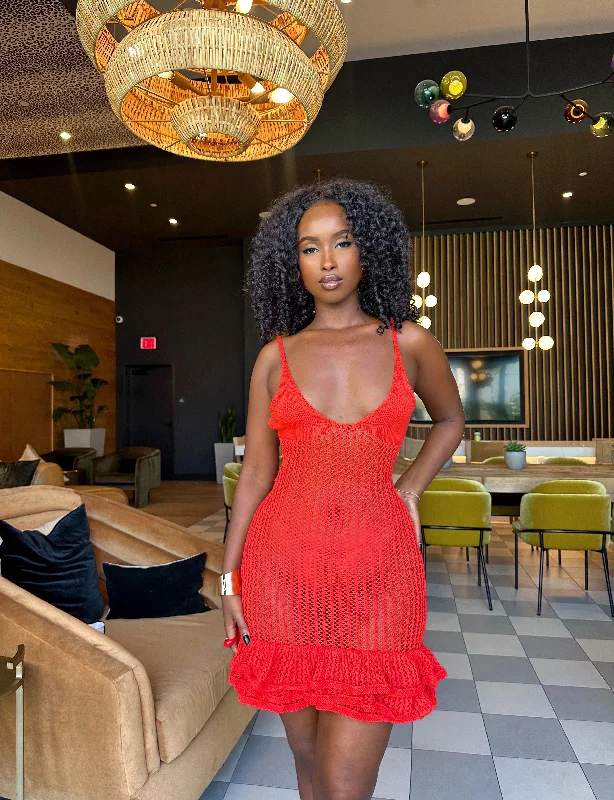 Palmer Crochet Mini Dress - Red Elegant Satin Mini Dress