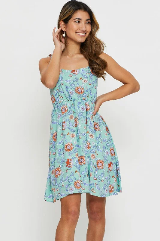 Print Mini Dress Square Neck Fashionable Lace Mini Dress