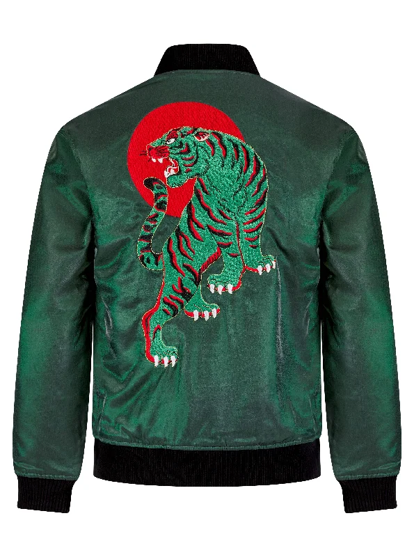 Soot and Ty Green Reversible Bengal Tiger Sukajan Unisex Bomber Jacket Stand-Up Collar Roll-Neck Collar Turtle Neck Soot and Ty Green Reversible Bengal Tiger Sukajan Unisex Bomber Jacket Stand-Up Collar Roll-Neck Collar Turtle Neck