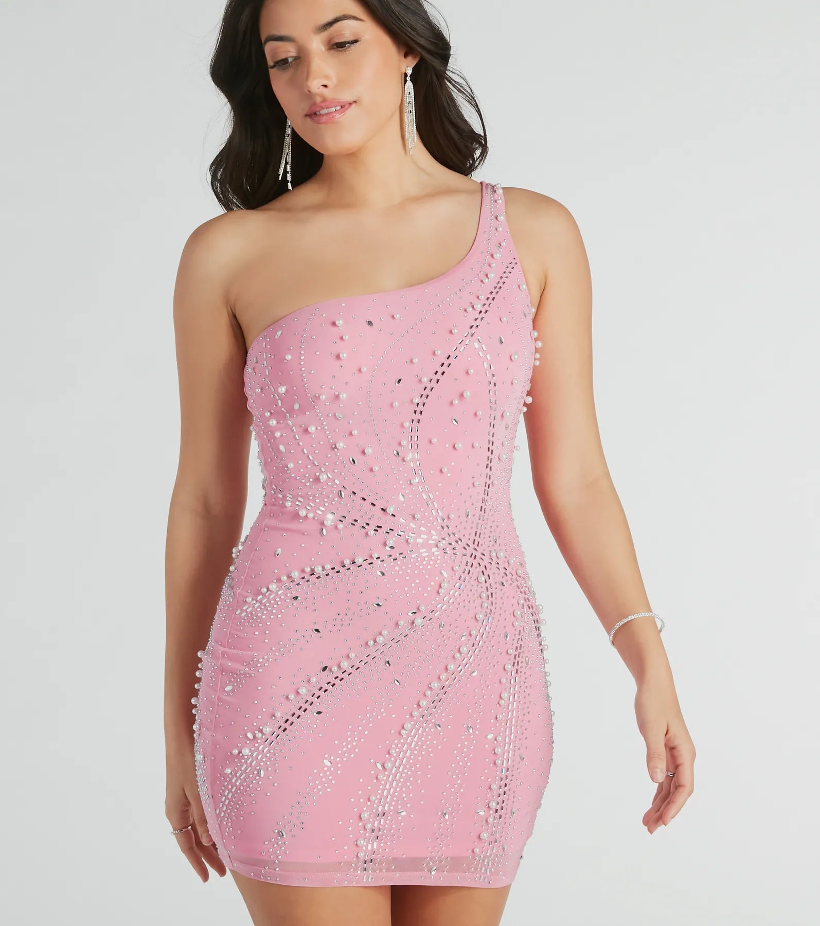 Undeniable Glow One-Shoulder Faux Pearl Mini Dress Elegant Floral-Print Mini Dress