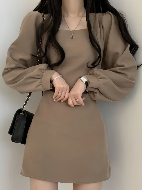 Urban Taupe Balloon Sleeve Mini Dress Elegant Mini Dress with Ruffles