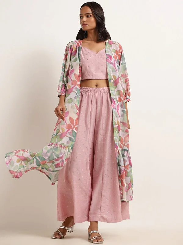 Vark Pink Floral Print Top, Palazzos & Jacket Set Zippered Jacket Buttoned Jacket Snapped Jacket Vark Pink Floral Print Top, Palazzos & Jacket Set Zippered Jacket Buttoned Jacket Snapped Jacket