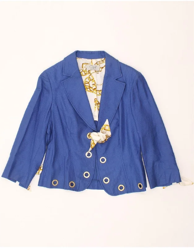 VINTAGE Womens Blazer Jacket IT 46 Large Blue Cotton Denim Fabric Leather Fabric Suede Fabric VINTAGE Womens Blazer Jacket IT 46 Large Blue Cotton Denim Fabric Leather Fabric Suede Fabric