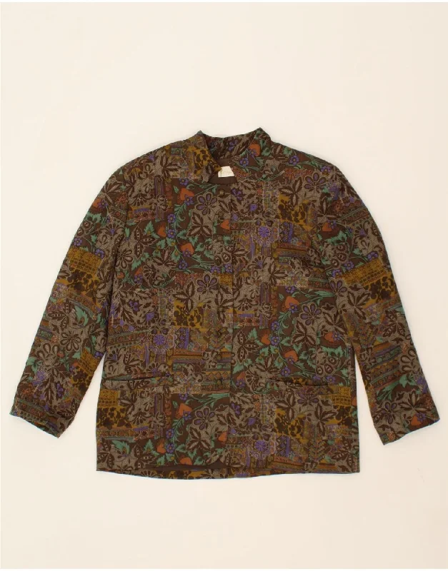 VINTAGE Womens Blazer Jacket UK 14 Large Brown Floral A-Line Jacket Boat Neck Shawl Collar VINTAGE Womens Blazer Jacket UK 14 Large Brown Floral A-Line Jacket Boat Neck Shawl Collar