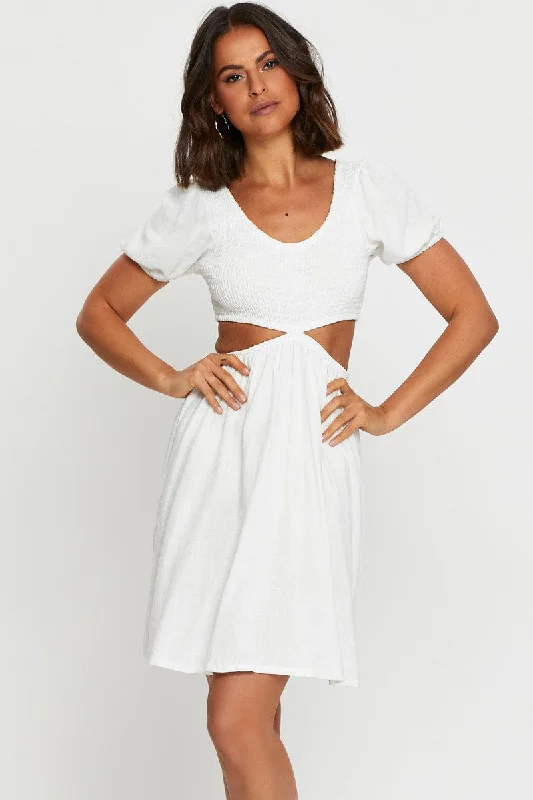 White Mini Dress Short Sleeve Fashionable Mini Dress with Frills