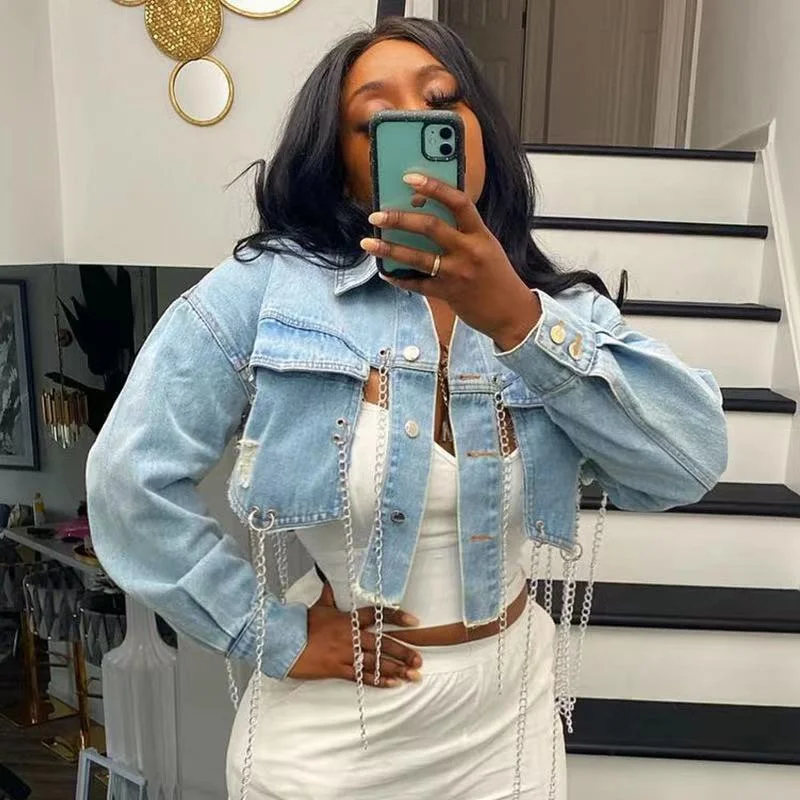Wholesale short worn Denim Jacket Women（CL9412） Front Pockets Side Pockets Patch Pockets