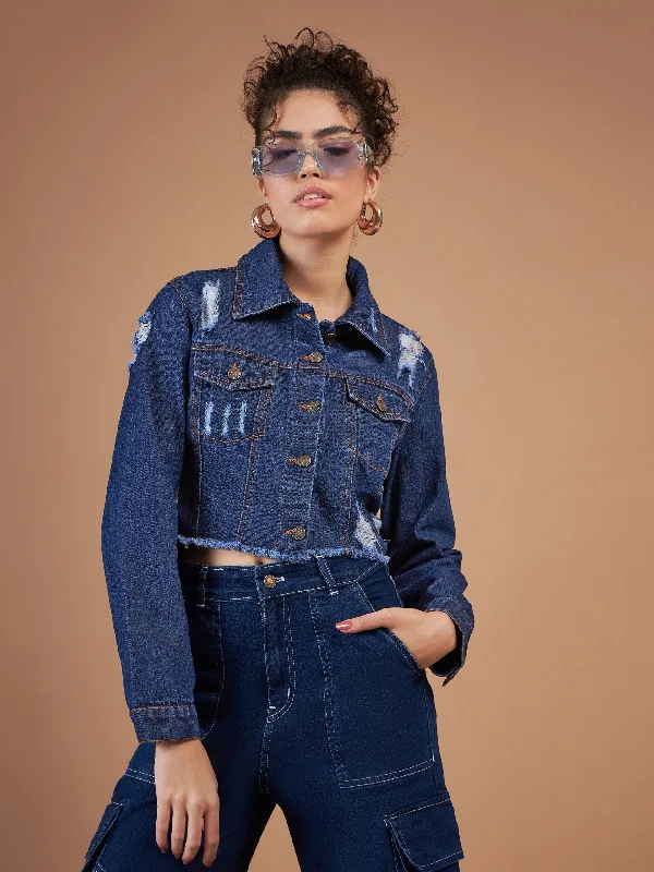 Women Navy Distressed Denim Crop Jacket Chenille Jacket Brocade Jacket Lace Jacket