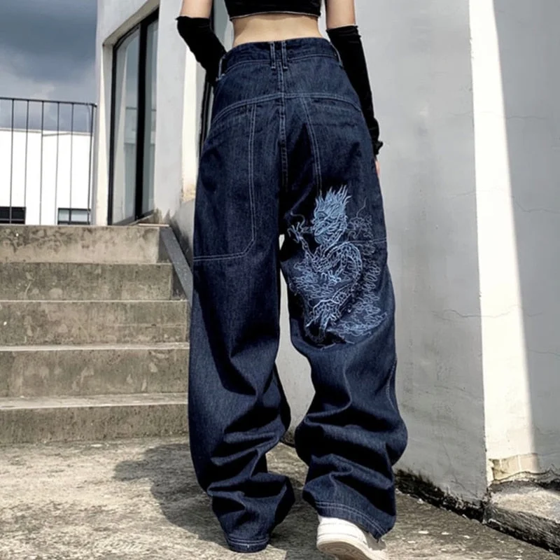 American retro street loose embroidered straight-leg jeans women Trendy Pleated Waist Jeans