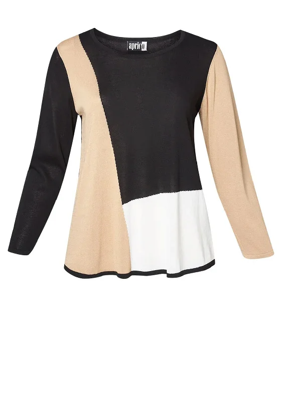Aprico Curve Abelline Colour Block Knit Sweater, Black Mesh Sweater Canvas Denim