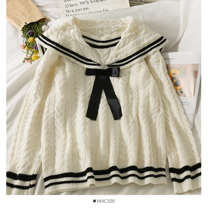 Autumn color matching striped bow Lapel sweater for women  1872 Soft Cozy Warm