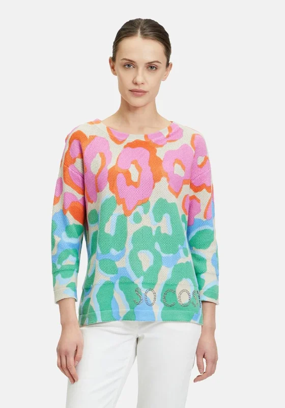 Betty Barclay Leopard Rhinestone Knit Jumper, Multi-Coloured Striped Floral Plaid