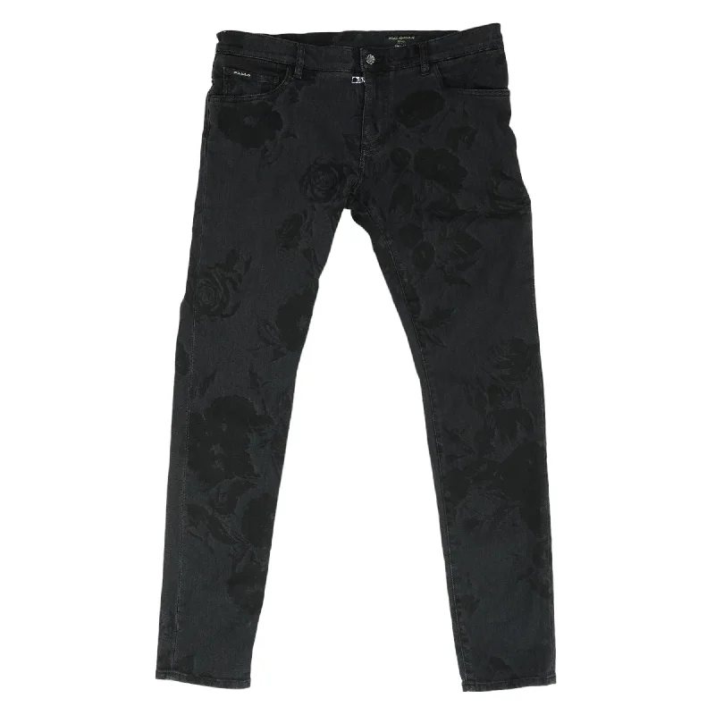 Black Rose-Print Skinny Jeans Fashionable Jeggings Style Jeans