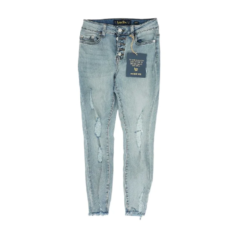 Blue Solid High Rise Skinny Leg Jeans Fashionable Raw Hemmed Jeans
