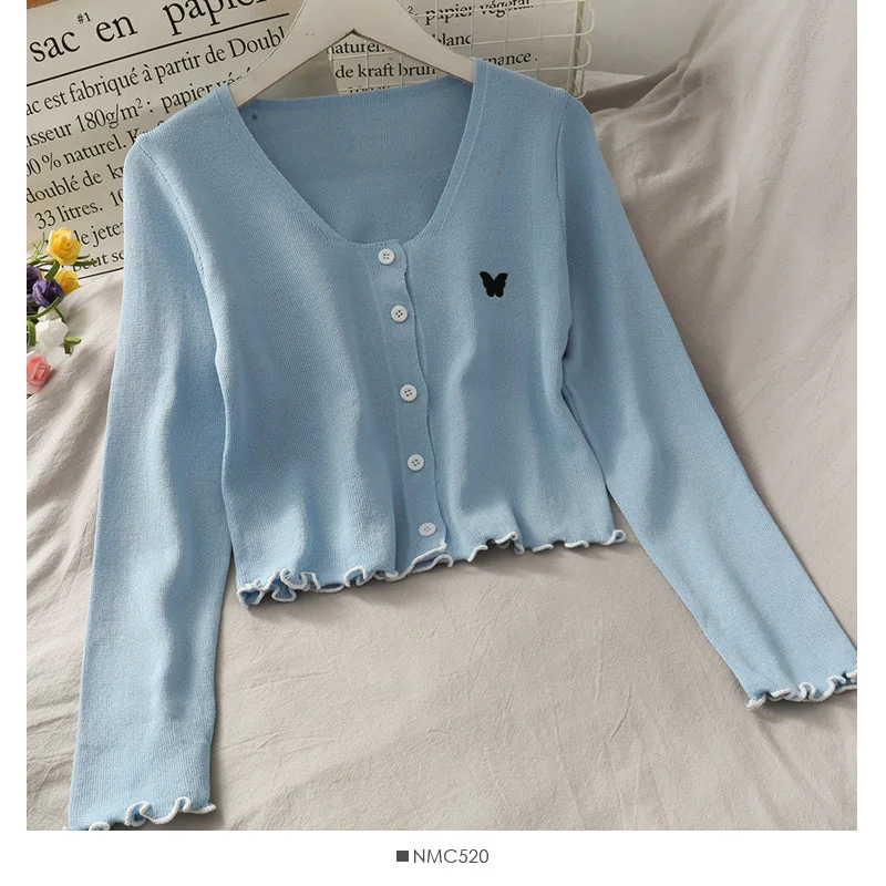 Butterfly Embroidery V-neck open collarbone sweater  1739 Bright Pastel Dark