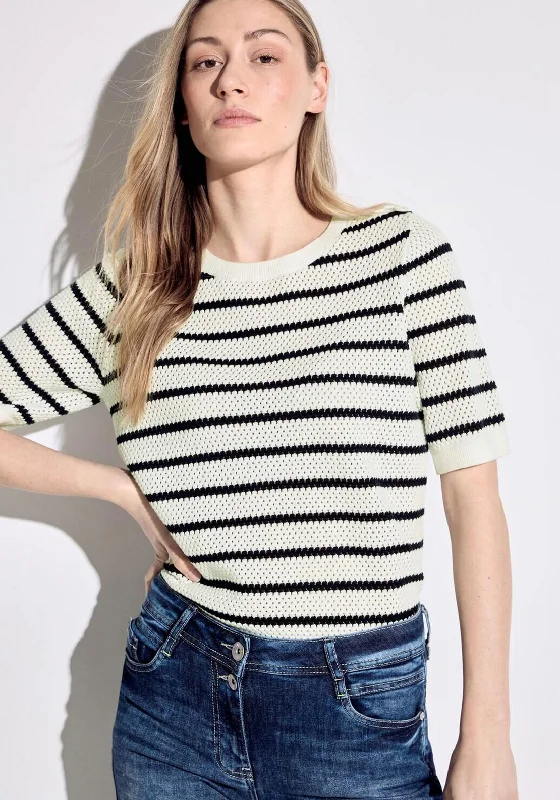 Cecil Striped Short Sleeve Sweater, White Front Pockets Side Pockets Patch Pockets