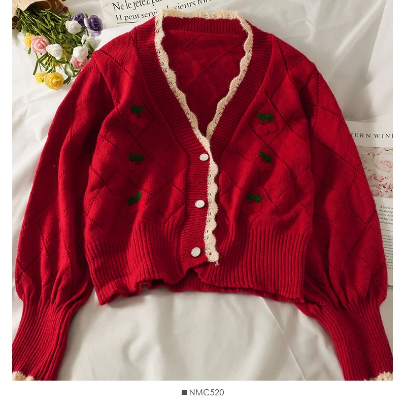 Cherry embroidered diamond check wavy edge sweater  1748 Silk Blend Satin Velvet