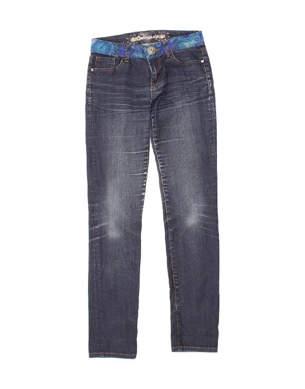DESIGUAL Womens Slim Jeans W28 L32 Blue Floral Cotton Stylish Tapered Fit Jeans
