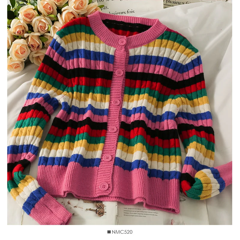 Elegant color stripe single breasted thin women's sweater 1788 Boxy Sweater Fitted Sweater A-Line Elegant color stripe single breasted thin women's sweater 1788 Boxy Sweater Fitted Sweater A-Line