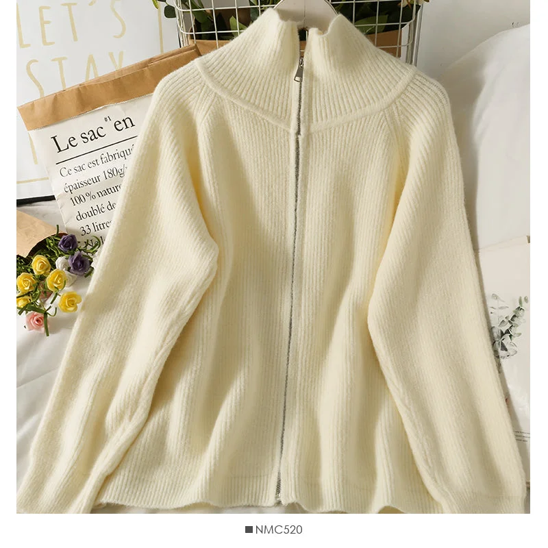 Han Fan high neck loose and thin zipper medium length sweater women 1977 Soft Cozy Warm Han Fan high neck loose and thin zipper medium length sweater women 1977 Soft Cozy Warm