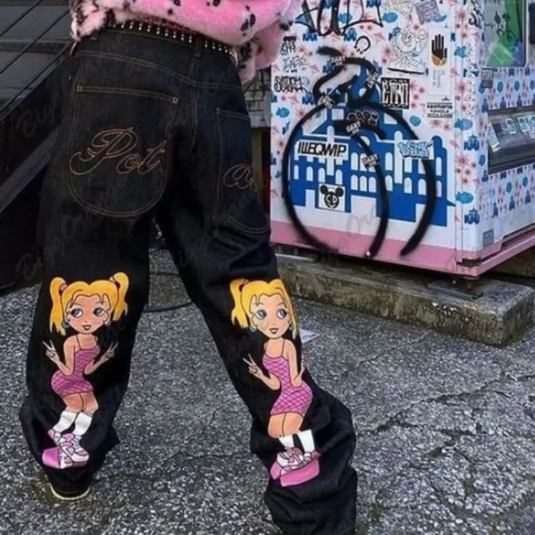 High quality double ponytail girls print jeans gothy y2k loose straight leg wide leg pants Comfortable Faded High-Rise Jeans High quality double ponytail girls print jeans gothy y2k loose straight leg wide leg pants Comfortable Faded High-Rise Jeans
