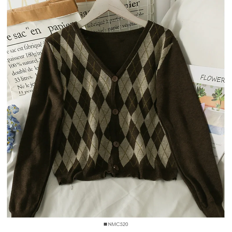 Hong Kong Style Vintage diamond check single breasted cardigan short sweater  1957 Fitted Slim Tailored