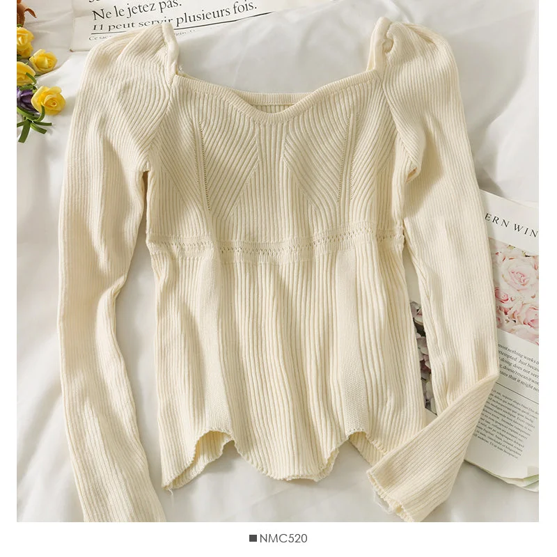 Irregular tight long sleeved foreign style sweater, women's straight shoulder exposed collarbone, versatile 1938 Mesh Sweater Canvas Denim Irregular tight long sleeved foreign style sweater, women's straight shoulder exposed collarbone, versatile 1938 Mesh Sweater Canvas Denim