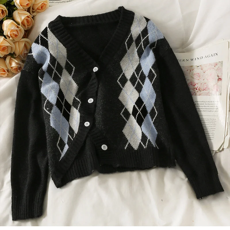Knitwear women's autumn decoration slim V-neck versatile sweater 1955 Polka Dot Checkered Tartan Knitwear women's autumn decoration slim V-neck versatile sweater 1955 Polka Dot Checkered Tartan