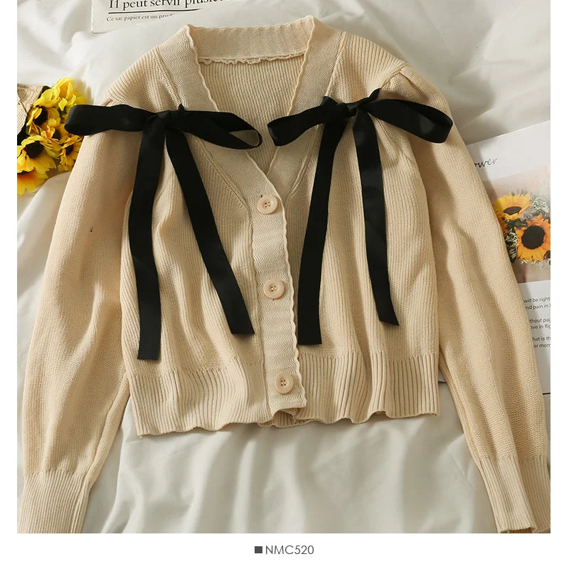 Korean bow tie short single breasted sweater for women  1945 Wool Sweater Cotton Sweater Cashmere Sweater