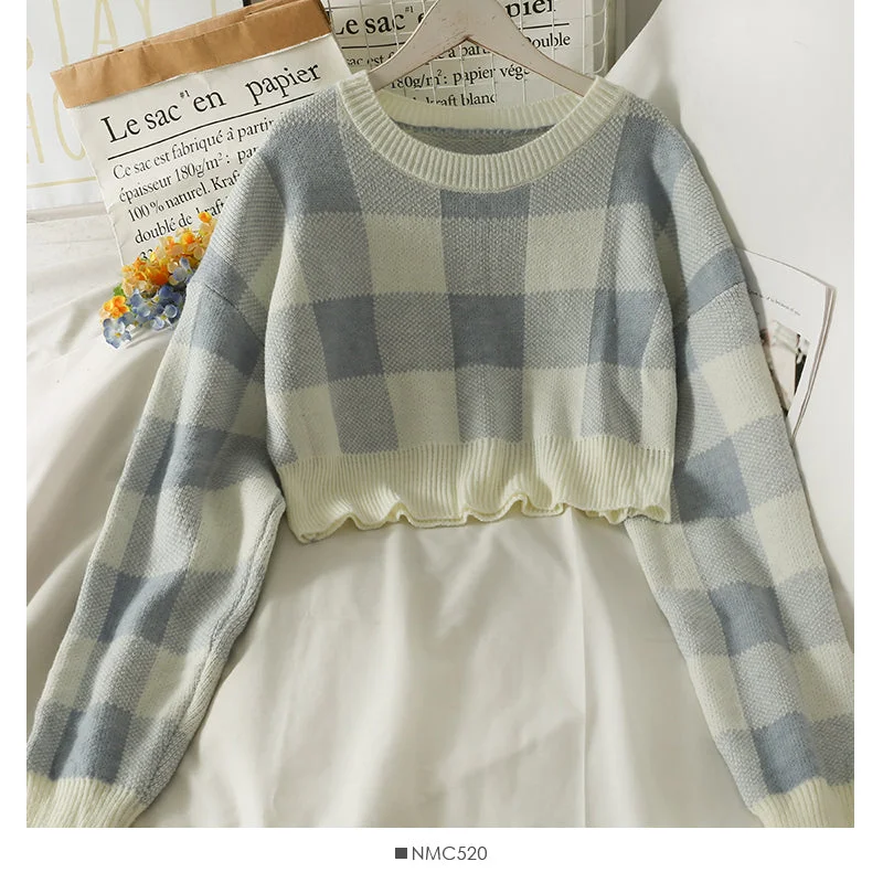 Korean color blocking Plaid round neck long sleeve Pullover short sweater 1968 Toggled Drawstring Belted Korean color blocking Plaid round neck long sleeve Pullover short sweater 1968 Toggled Drawstring Belted