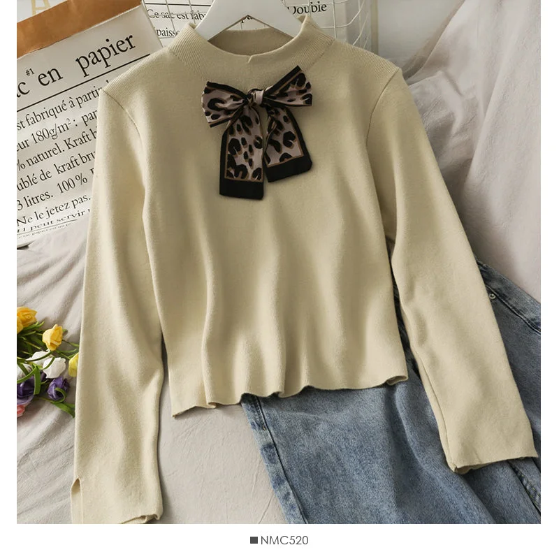 Korean leopard bow half high neck solid color sweater for women 1935 Knit Fabric Woven Fabric Fleece Fabric Korean leopard bow half high neck solid color sweater for women 1935 Knit Fabric Woven Fabric Fleece Fabric