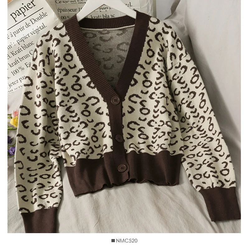 Korean retro color matching leopard three button cardigan women's sweater 1947 Hooded Caped Shawl Collar Korean retro color matching leopard three button cardigan women's sweater 1947 Hooded Caped Shawl Collar