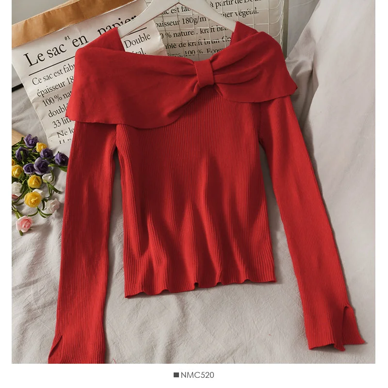 Korean slim butterfly dew clavicle sweater  1828 Boxy Sweater Fitted Sweater A-Line