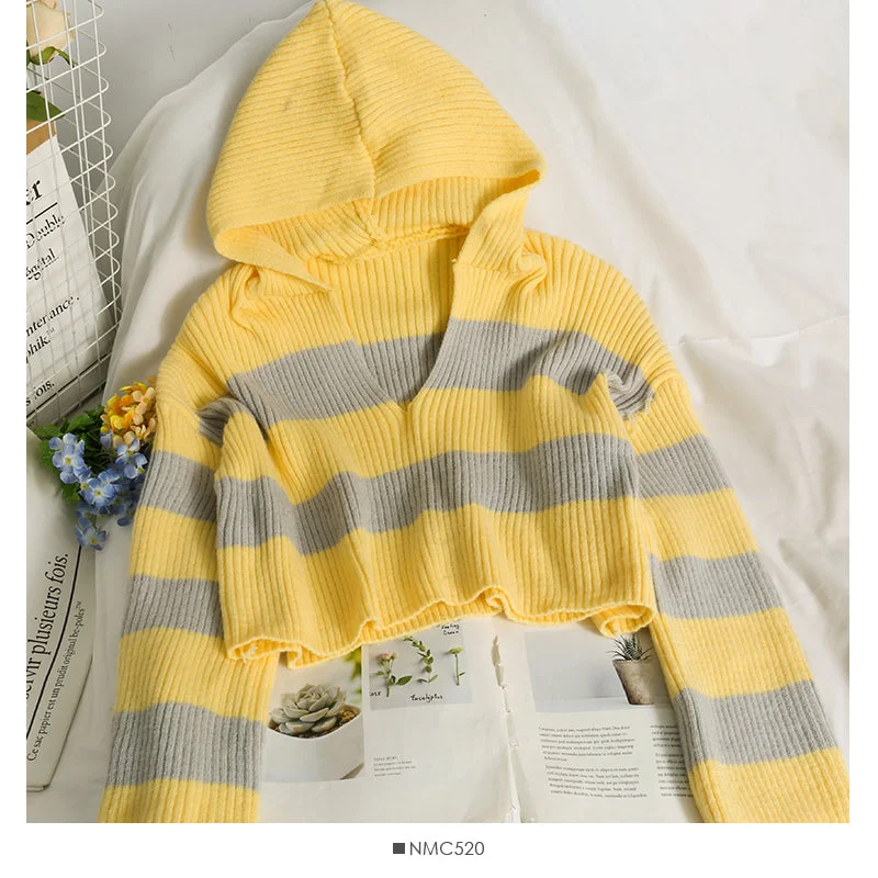 Korean stripe short loose thin hooded long sleeved sweater 1939 Real Fur Shearling Chenille Korean stripe short loose thin hooded long sleeved sweater 1939 Real Fur Shearling Chenille
