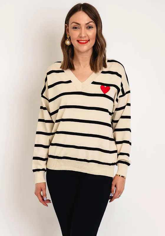 Serafina Collection One Size Heart Motif Striped Sweater, Taupe Fitted Slim Tailored Serafina Collection One Size Heart Motif Striped Sweater, Taupe Fitted Slim Tailored
