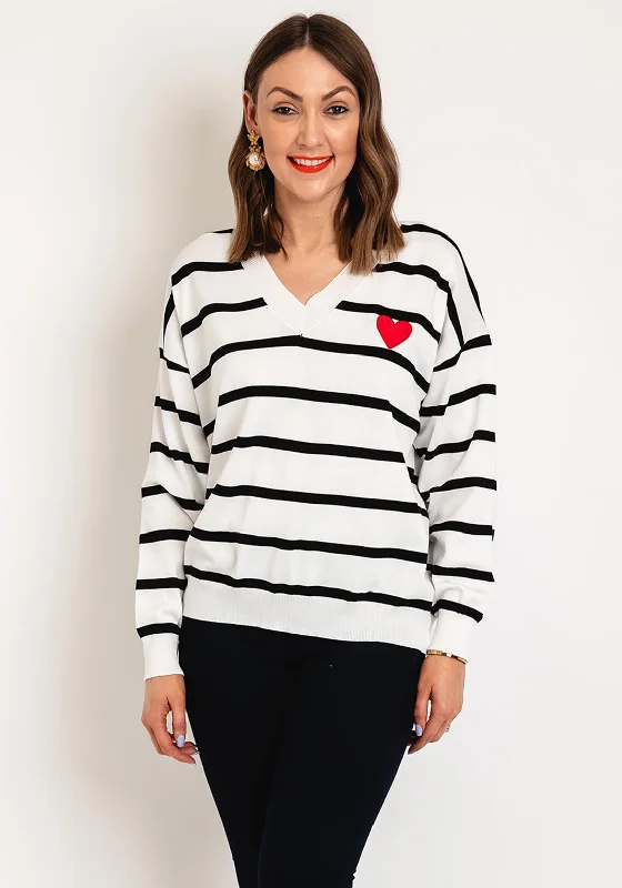 Serafina Collection One Size Heart Motif Striped Sweater, White Elegant Classic Vintage Serafina Collection One Size Heart Motif Striped Sweater, White Elegant Classic Vintage