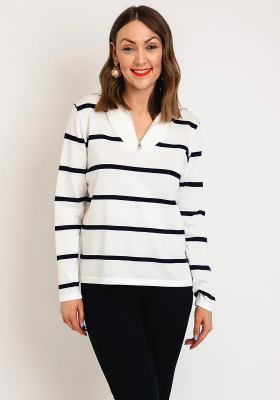 Serafina Collection One Size Half Zip Striped Sweater, White Zippered Front Buttoned Front Snap Front Serafina Collection One Size Half Zip Striped Sweater, White Zippered Front Buttoned Front Snap Front