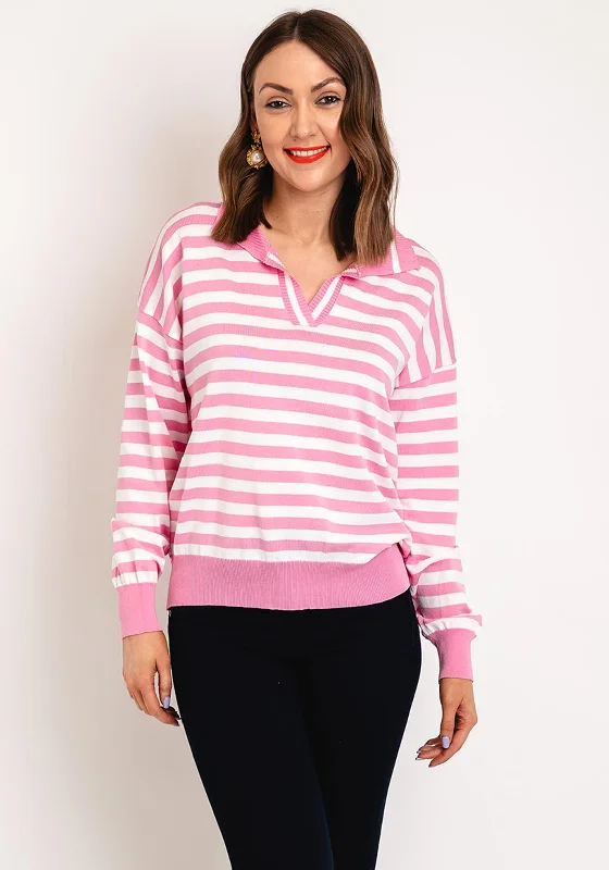 Serafina Collection One Size Striped Sweater, Pink Collared Crew Neck Turtle Neck
