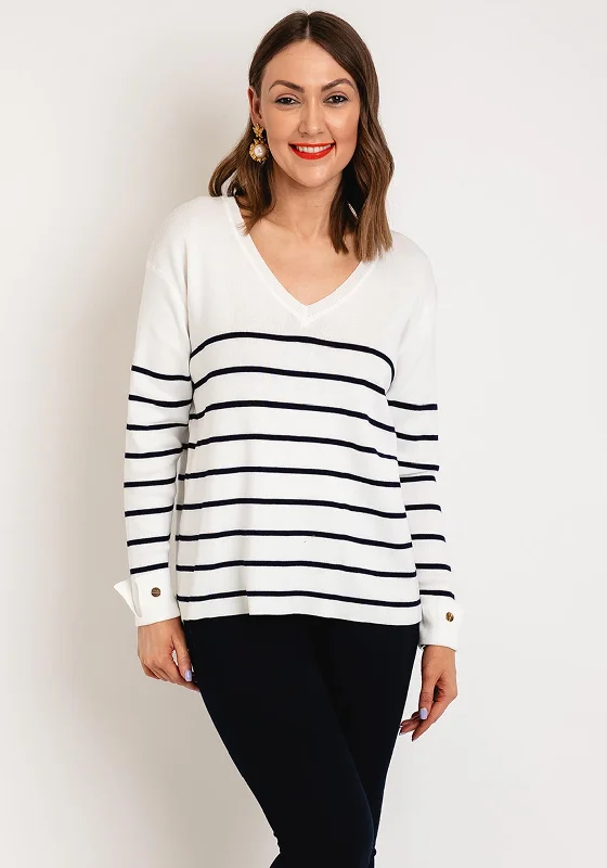 Serafina Collection One Size V-Neck Striped Sweater, White Mesh Sweater Canvas Denim Serafina Collection One Size V-Neck Striped Sweater, White Mesh Sweater Canvas Denim