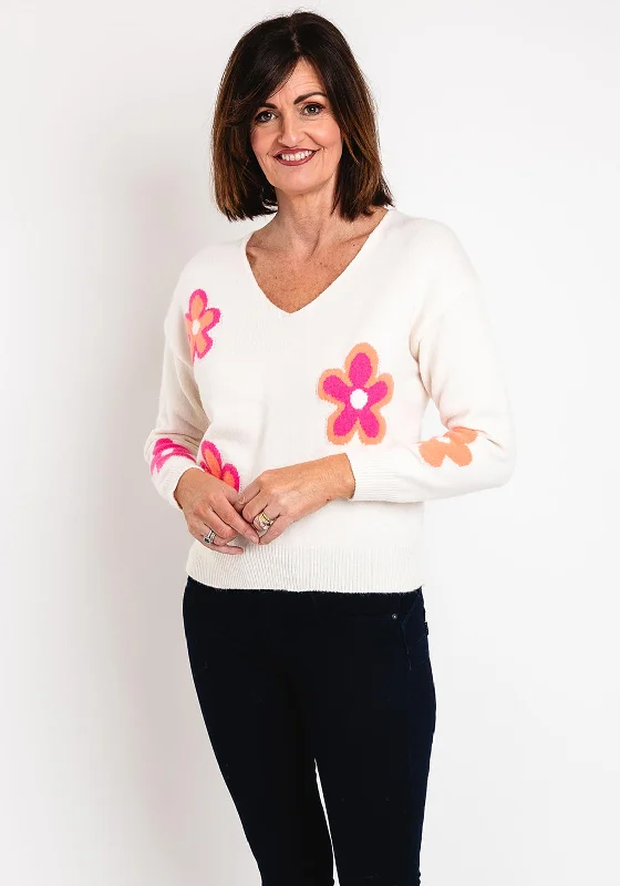 Serafina Collection One Size Flower Print Sweater, Ecru Welt Pockets Slit Pockets Flap Pockets Serafina Collection One Size Flower Print Sweater, Ecru Welt Pockets Slit Pockets Flap Pockets