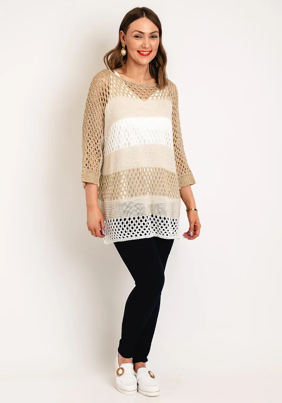 Serafina Collection One Size Ajour Knit Sweater, Gold Fitted Loose Oversized
