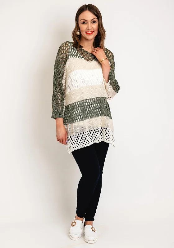 Serafina Collection One Size Ajour Knit Sweater, Green Sequined Glittery Shiny